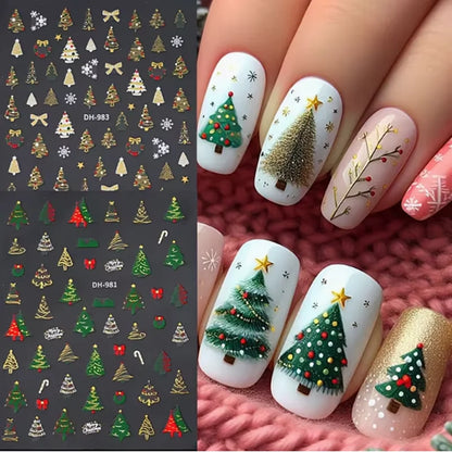 3pcs Christmas nail stickers - featuring green trees, red bows, and gold decorations - self-adhesive tree snowflake stickers