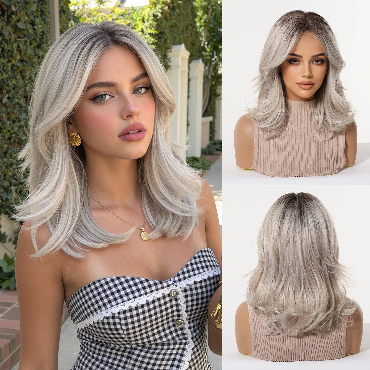 Short Light Pink Wave Synthetic Wigs with Bangs Rose Gold Lolita Natural Hair Wigs for Women Cosplay Daily Party Heat Resistant
