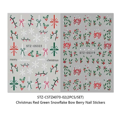 2PCS 3D Red Green Christmas Nail Stickers Holiday Snowflake Bow Berry Decals Winter Holiday Party Nail Art Supplies