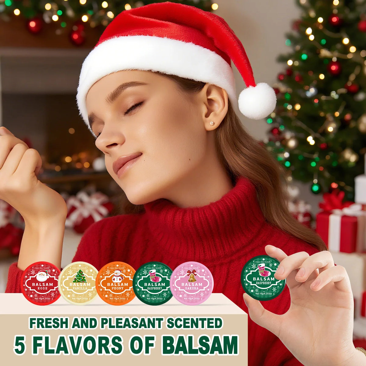 Christmas assembly gift set -5 sets, including balm, hand cream, lipstick, red gauze bag, Christmas tree thank you card