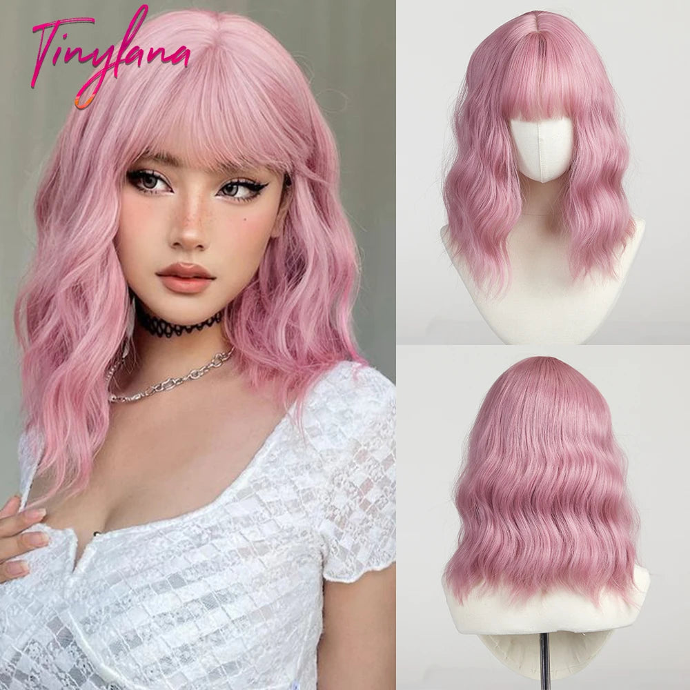 Curly Short Bob Brown Wavy Synthetic Wigs with Bangs Lolita Cosplay Brown Wig for Women Natural Daily Party Hair Heat Resistant