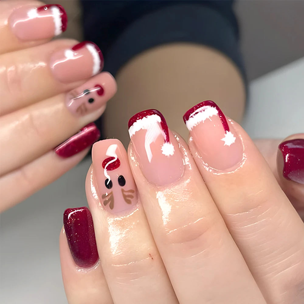 24pcs Red White French Line Christmas Sweet False Nails With Snowflake Rhinestone Starburst Design Pink Almond Press On Nails