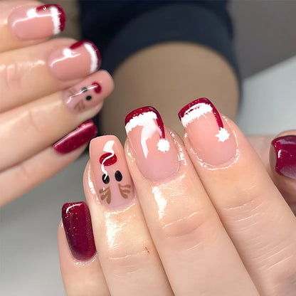 24Pcs Red Christmas Fake Nails Cute Santa Claus Reindeer & Snowflake Designs Artificial Nails Glossy Short Oval Press On Nails