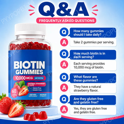 Biotin Gummies 10000 Mcg Hair Skin Nails Support, Vitamin B7 Beauty Supplement, Gluten Free Vegan Non-GMO Strawberry, 60 Gummies