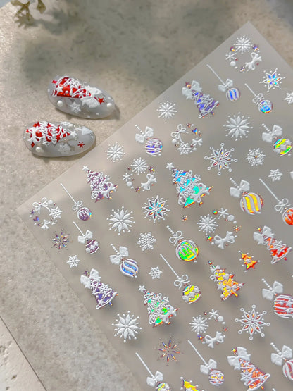 Tender Blue Christmas Tree Hanging Ball Ribbon Gold Star Snowflakes Bowknot Ring Adhesive Nail Charms Art Sticker Manicure Decal