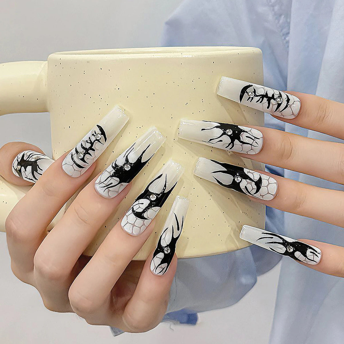 Handmade Press on Nails Black Hand painted Long Coffin Ballet Fake Nails for Women Girls Wearable Full Cover European False Nail