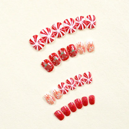 24Pcs Short Oval Press-On Nails - Cute Gingerbread & Candy Cane Christmas Designs, Perfect for Holiday Parties for Women&Girls