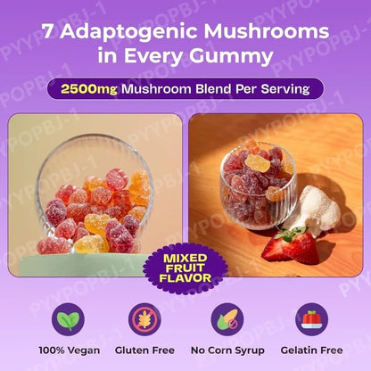 Mushroom Gummies with Ashwagandha Lion's Mane Reishi and Cordyceps, Vegan Gelatin Free Mixed Fruit Supplement