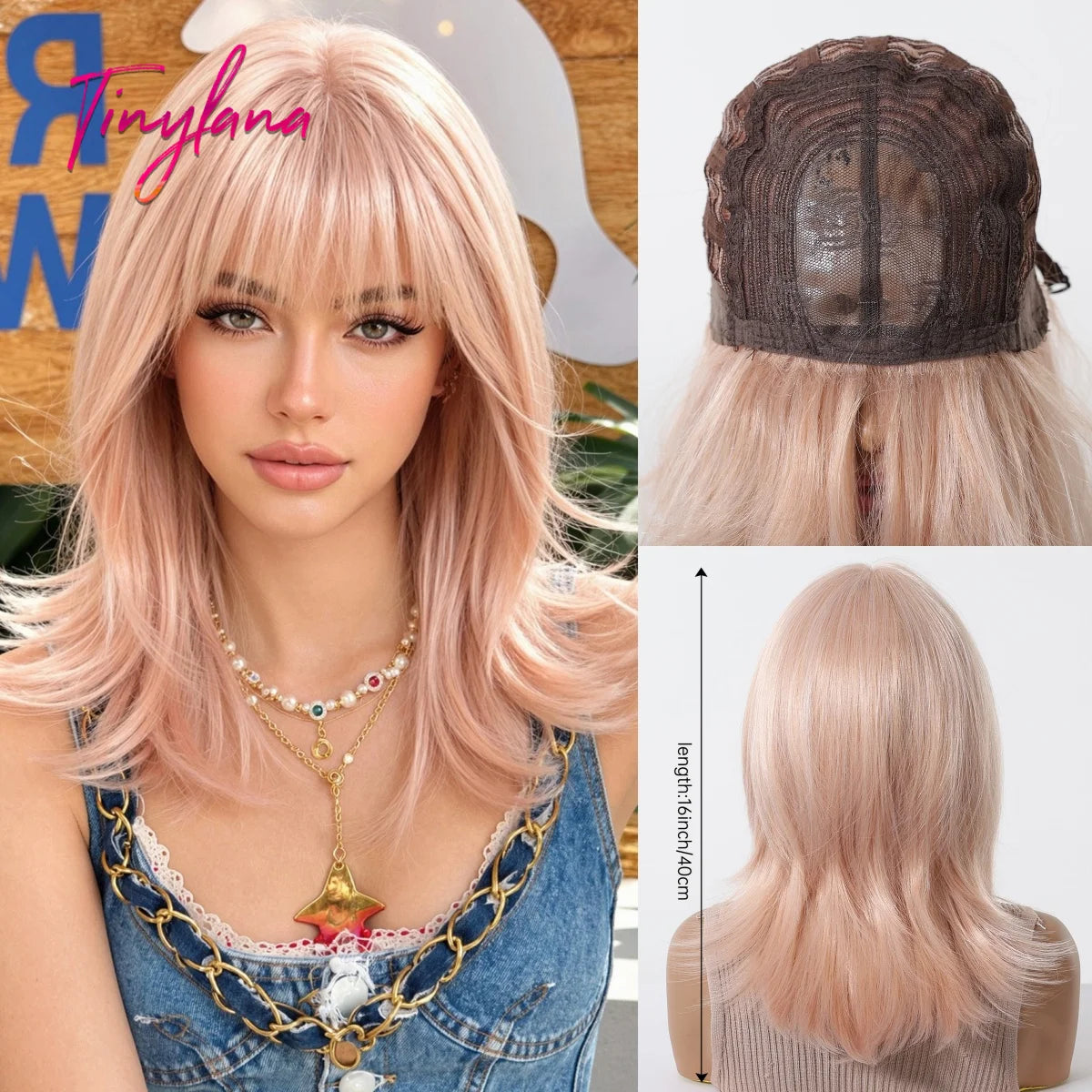 Short Light Pink Wave Synthetic Wigs with Bangs Rose Gold Lolita Natural Hair Wigs for Women Cosplay Daily Party Heat Resistant