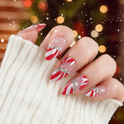 24pcs Red White French Line Christmas Sweet False Nails With Snowflake Rhinestone Starburst Design Pink Almond Press On Nails