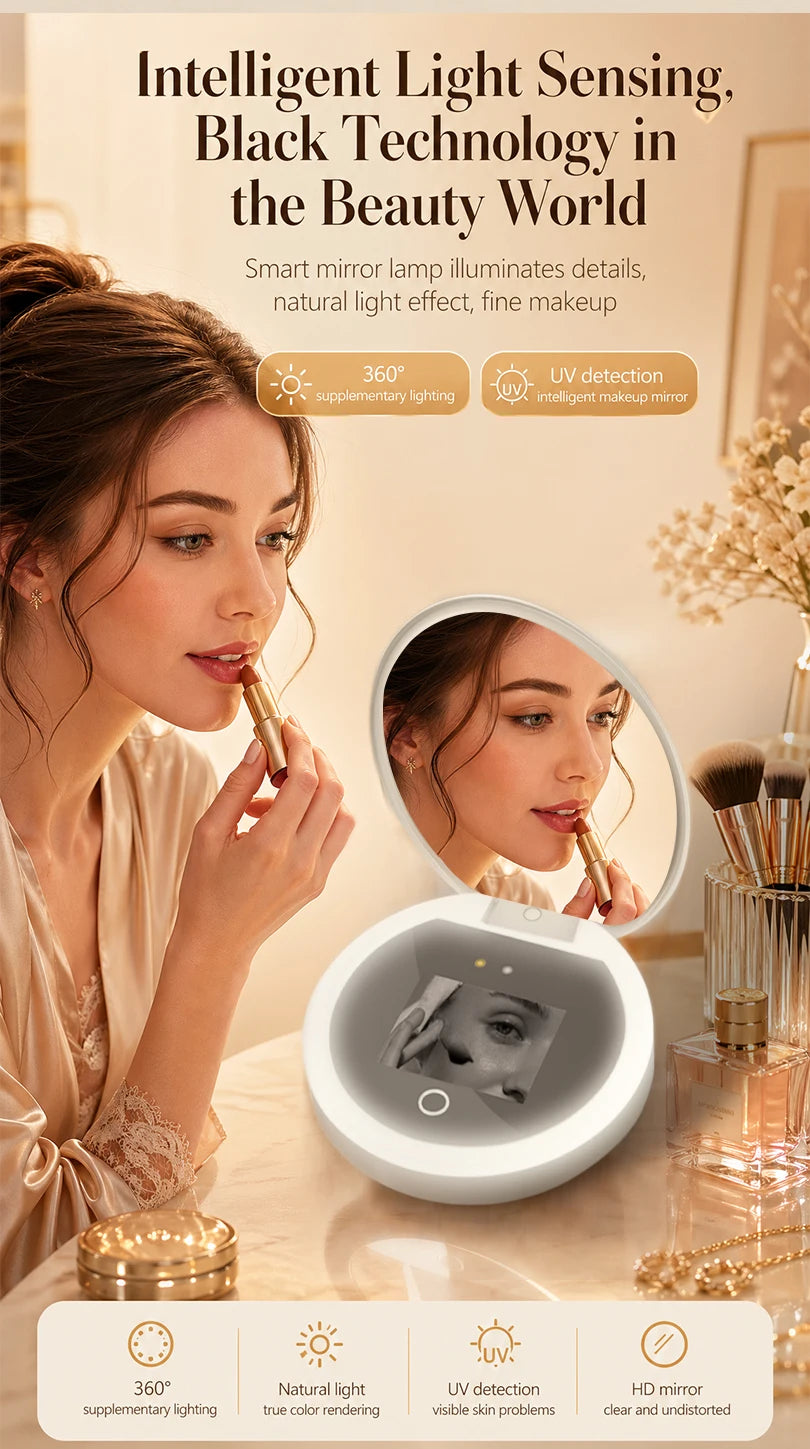 TJMIR UV Smart Sunscreen Mirror Portable LED Makeup Mirror with UV Detection & Sunscreen Testing