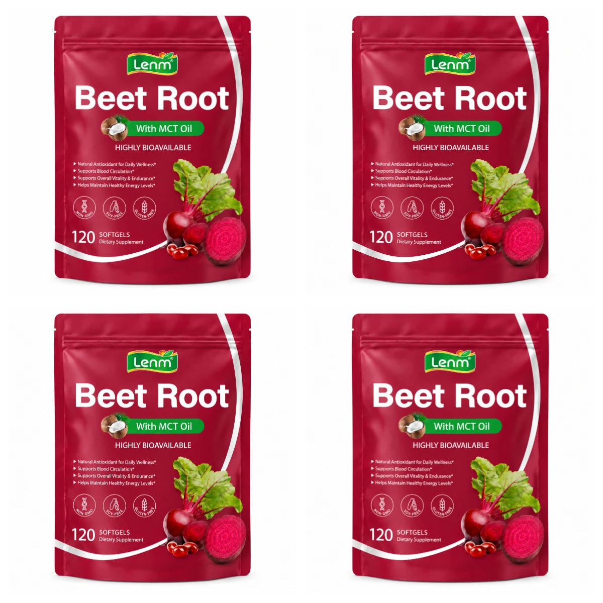 Lenm Beet Root Softgels Natural Antioxidant Supplement for Blood Circulation Vitality & Endurance Support with MCT Oil 120 Count
