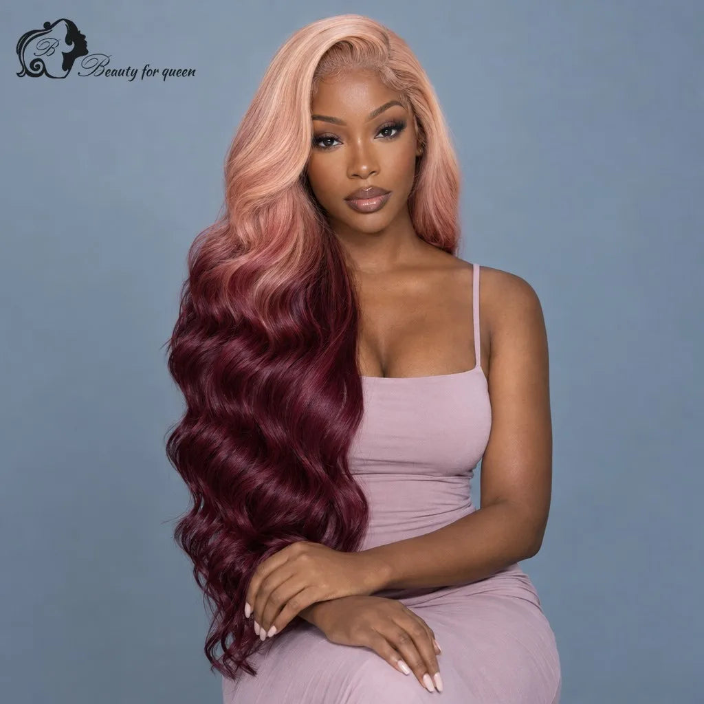 Brazilian Peach Burgundy Ombre Body Wave Wig Mid Length Quality Glossy HD Lace Colored Vivid Deep Hot Premium Transparent