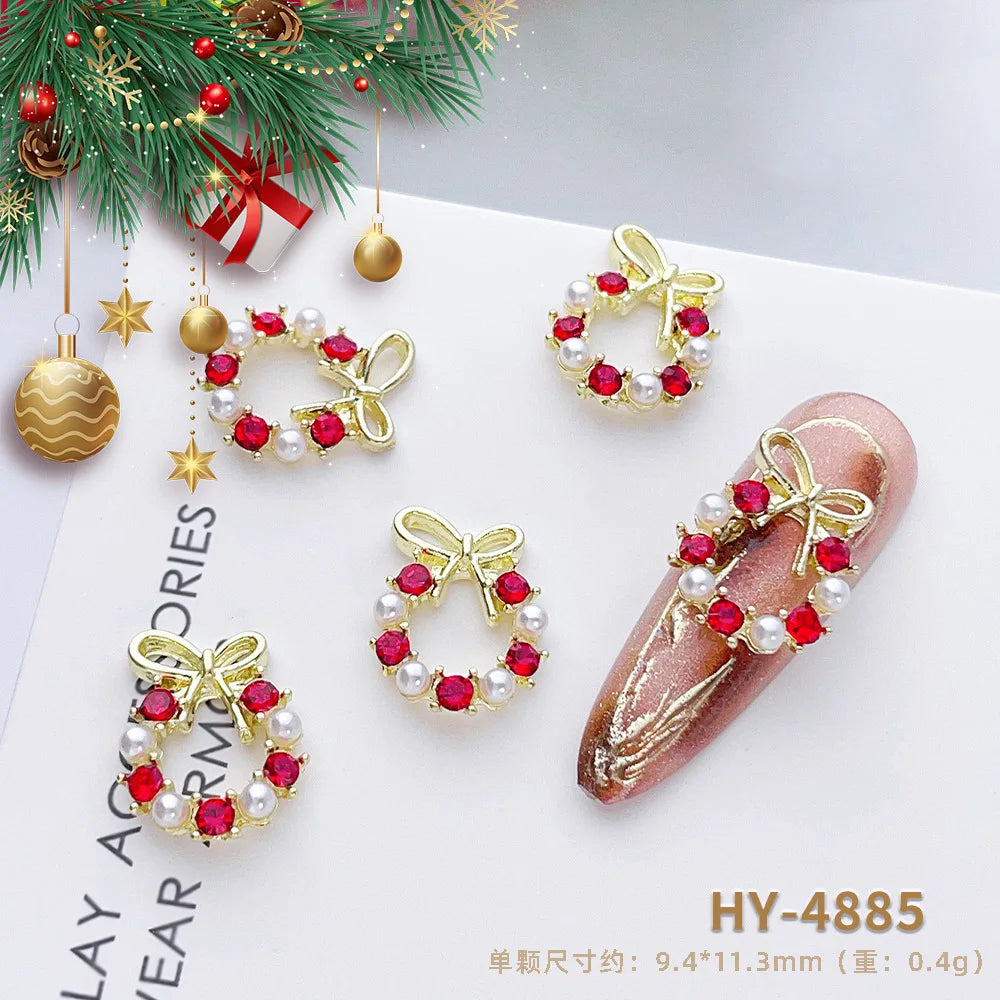 Luxury Christmas Wreath Nail Art Charms Pink Bow Pearl Diamond Gold Silver Alloy Nails 3D Decoration Jewelry for Manicure Design