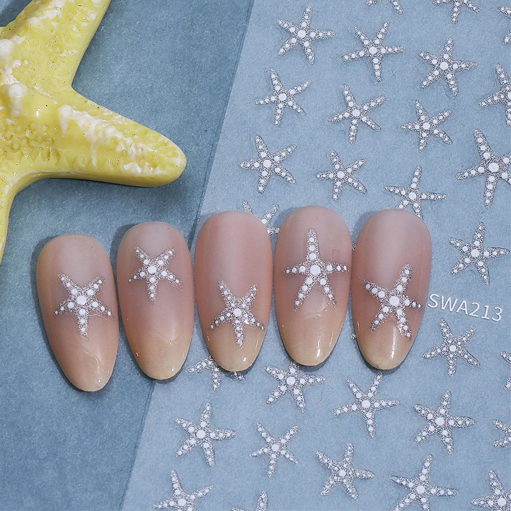 2pcs Summer Sea Star Nail Art Stickers Gold Silver Glitter Shell Starfish Nail Decals for DIY Manicure Soap Nail Decorations