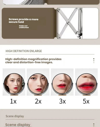 Stretchable Portable Hotel Bathroom Magnifying Makeup Mirror, Telescopic Folding Mirror, Self-Hanging Wall-Attached Double-Sided
