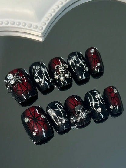 10Piece Handmade Nail Short Nail Pressing Nail Fake Nails3dSpider Ornament Spider Web Pattern Dark Series Removable Reuse