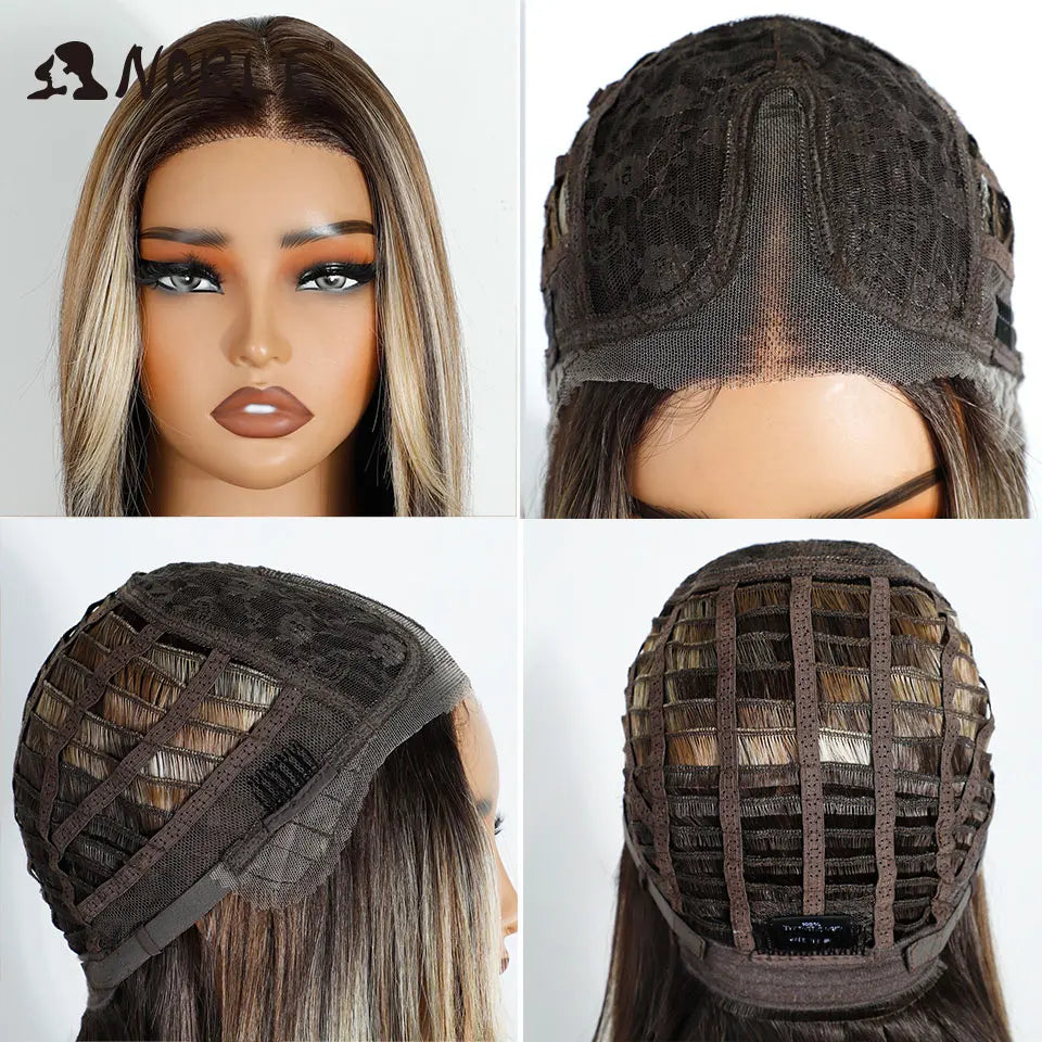 Noble Synthetic Lace Front Wigs For Women 12 Inch Pre Plucked Pre-Cut Ombre Brown Blonde Straight Layered Bob Wig Cosplay Wig
