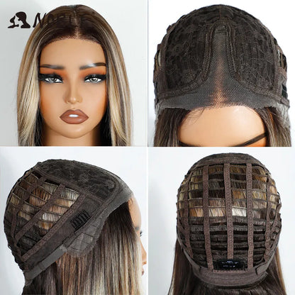 Noble Synthetic Lace Front Wigs For Women 12 Inch Pre Plucked Pre-Cut Ombre Brown Blonde Straight Layered Bob Wig Cosplay Wig