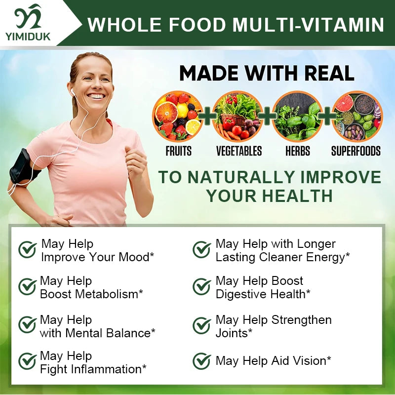 Whole Food Multivitamin Minerals Capsules, Supplement For Stress, Energy And Immune Support