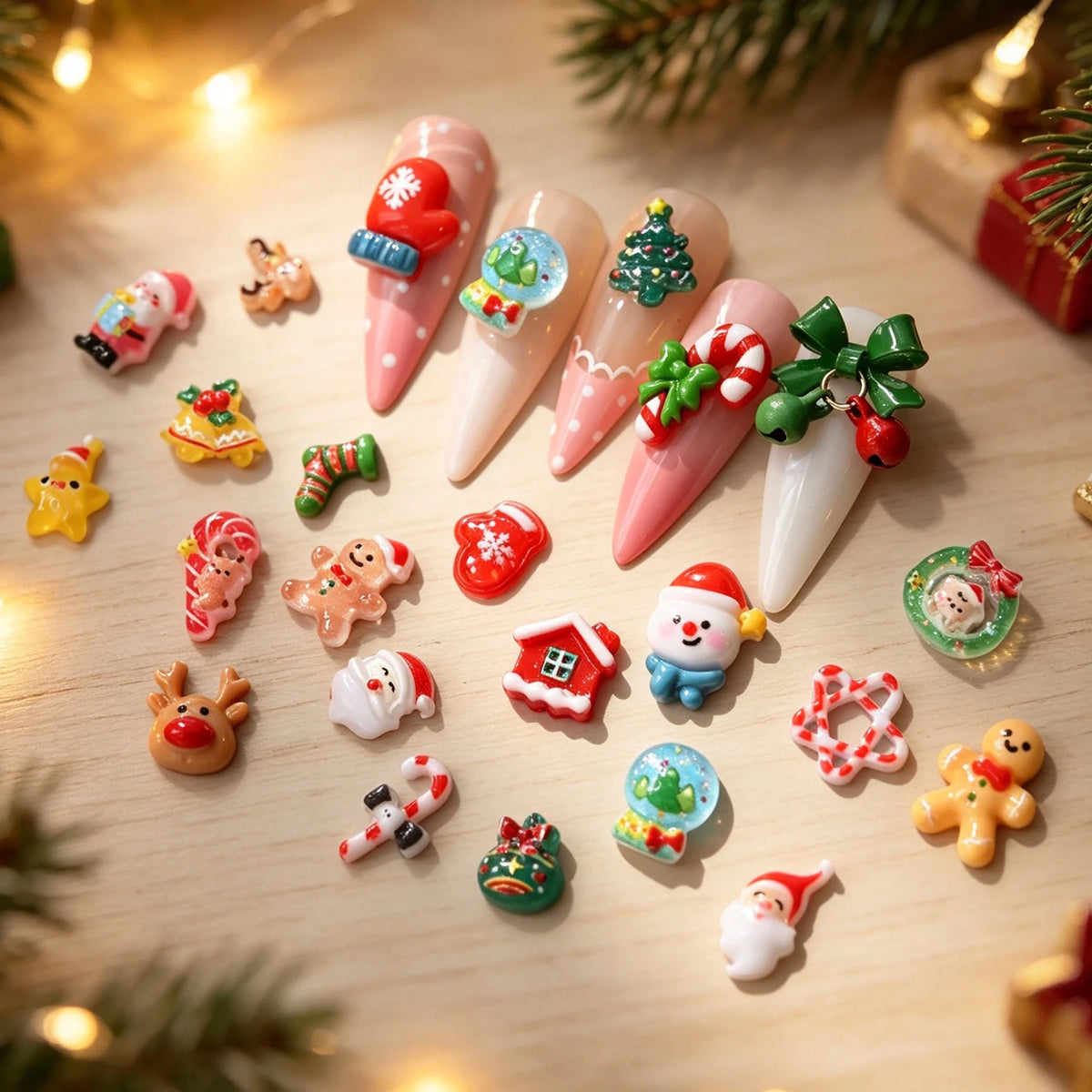 24grid 3D Kawaii Santa Claus/Snowman/Elk/Gloves/Bell/Candy/Christmas Tree Nail Charms Flatback Resin Xmas Winter Nail Rhinestone