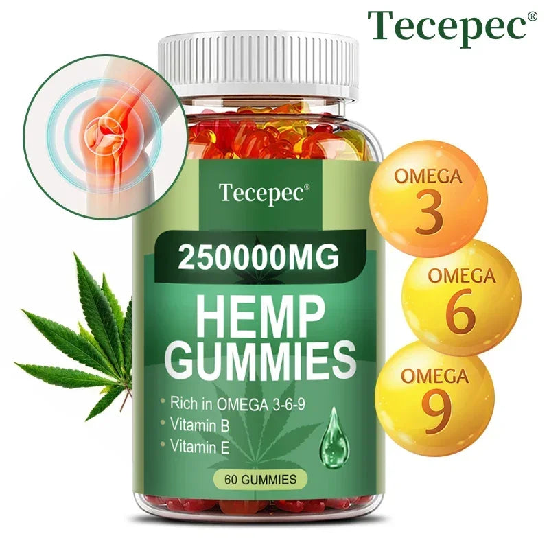 Contains Omega 3-6-9 Vitamin B, E Gummies - Stress Relief, Sleep, Mood, Skin, Nails, Focus, Joint Support, Non-GMO Supplement