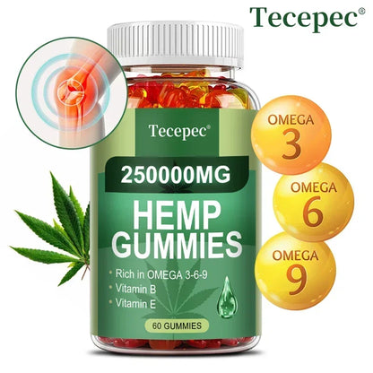 Contains Omega 3-6-9 Vitamin B, E Gummies - Stress Relief, Sleep, Mood, Skin, Nails, Focus, Joint Support, Non-GMO Supplement