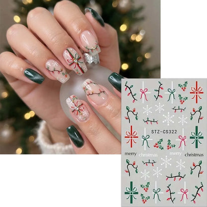2PCS 3D Red Green Christmas Nail Stickers Holiday Snowflake Bow Berry Decals Winter Holiday Party Nail Art Supplies