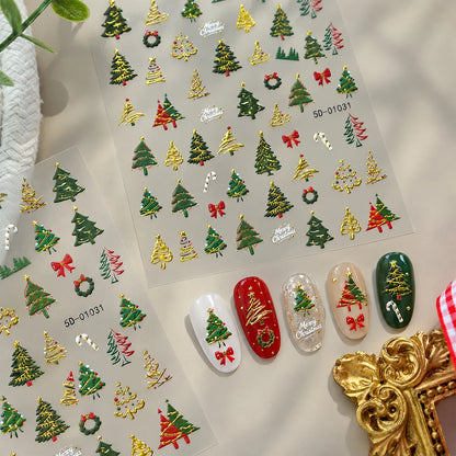 1pcs Gold-foiled Christmas Tree 5D Nail Stickers Bow Holly Snowflake Wreath Christmas Nail Decals Cartoon Merry Christmas Decora