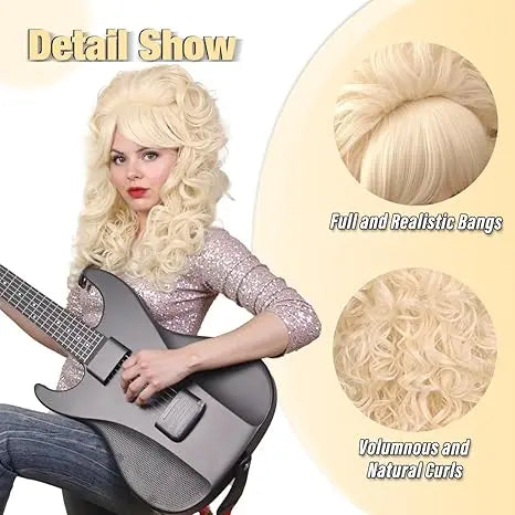 80s Long Curly Vintage Cosplay Wig with Bang for Women 60 70s Queen Synthetic Hair Wigs for Halloween Party
