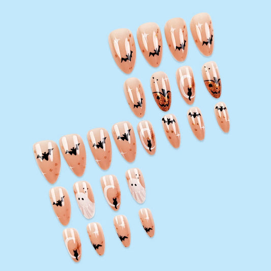 24 Pcs Halloween Nails Press on Bat Ghost Pumpkin Nail Tips Self-adhesive Almond Fake Nails Aesthetic Glued Nails Removable 2025