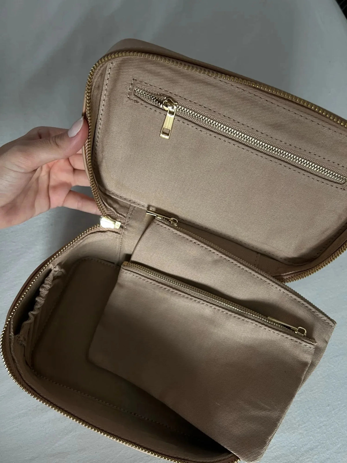 Ladies Saffiano Split Leather Travel Toiletry Case Bag Portable Hanging Makeup Organizer Box Dopp Kit Cosmetic Bag For Women