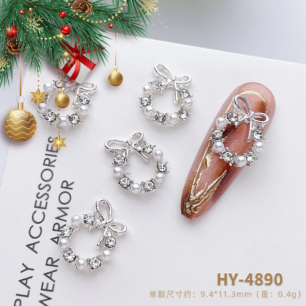 Luxury Christmas Wreath Nail Art Charms Pink Bow Pearl Diamond Gold Silver Alloy Nails 3D Decoration Jewelry for Manicure Design