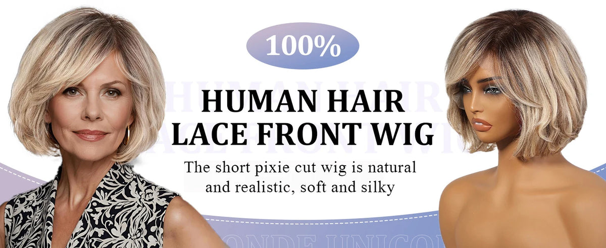 Short Layered Wavy Bob Wig with Bangs for Women Blonde Highlights Human Hair 12 Inches HD Lace Front Wigs With Dark Roots