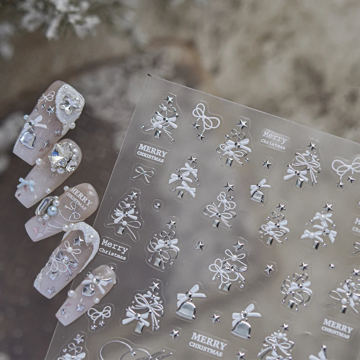 Luxury Winter Silver Crystal Christmas Nail Stickers Bow Star Pattern Nails 3D Decoration 3D Self Adhesive Nail Art Sticker DIY