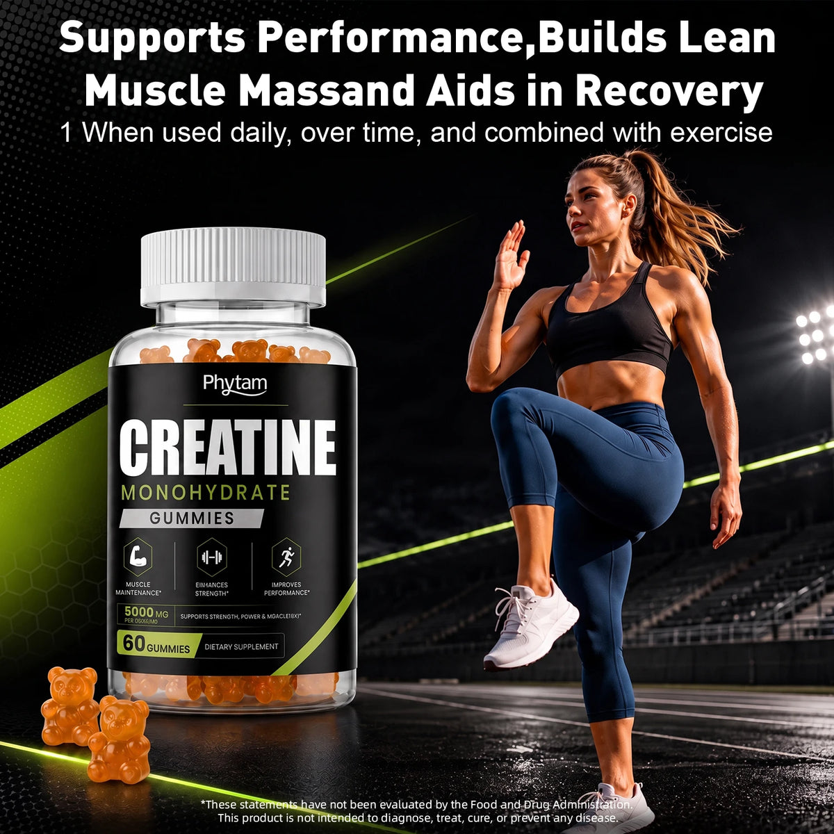 5000mg Creatine Monohydrate Bear Gummies 60 Count Chewable Daily Workout Nutrition Supplement Supports Athletic Performance & Muscle Maintenance