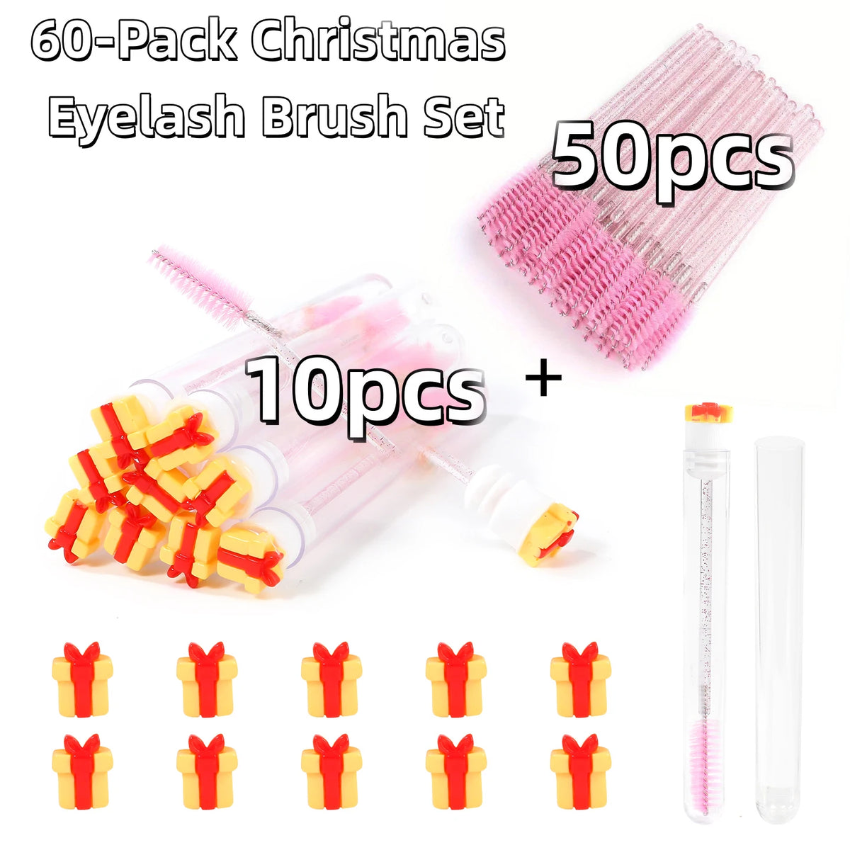 60Pcs Christmas Eyelash Brush with Tube Replaceable Mascara Wand Spoolie Dustproof Lash Tech Supplies Reusable Eyebrow Xmas Gift
