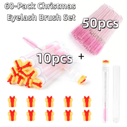 60Pcs Christmas Eyelash Brush with Tube Replaceable Mascara Wand Spoolie Dustproof Lash Tech Supplies Reusable Eyebrow Xmas Gift