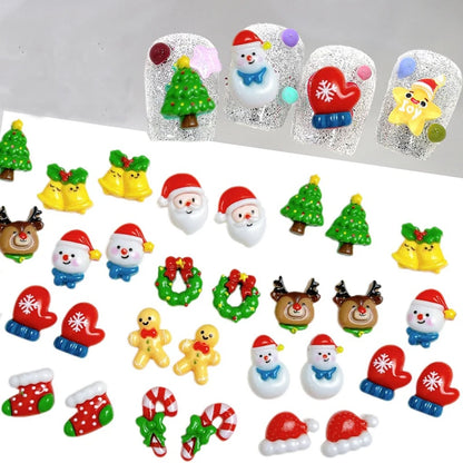 30PCS 3D Cartoon Santa Claus Elk Nail Charms Cute Snowman Dot Christmas Socks Nail Art Decorations for DIY Christmas Style Nails