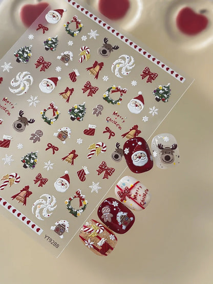2026 New 5D Embossed Garland/Christmas Tree Nail Stickers White Snowflakes Bow Star Nail Decals Self-Adhesive Xmas Nail Decor