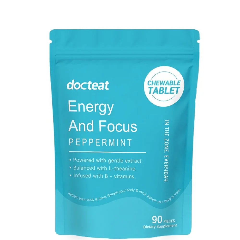 Docteat Peppermint Energy & Focus Chewable Tablets with L-Theanine and B Vitamins for Daily Vitality Support, 90 Tablets