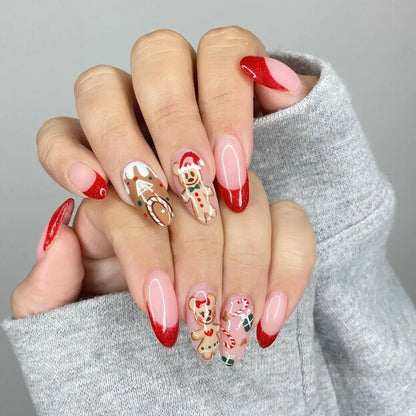 24Pcs Short Oval Press-On Nails - Cute Gingerbread & Candy Cane Christmas Designs, Perfect for Holiday Parties for Women&Girls