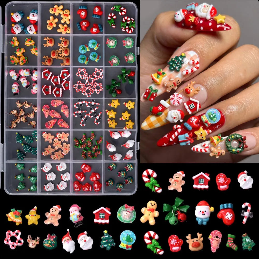 24grid 3D Kawaii Santa Claus/Snowman/Elk/Gloves/Bell/Candy/Christmas Tree Nail Charms Flatback Resin Xmas Winter Nail Rhinestone