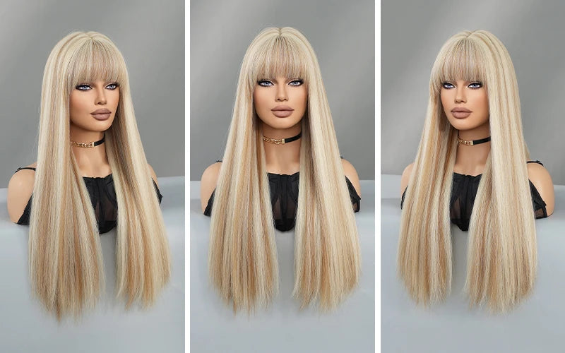 Long Straight Light Blonde Wig for Women Daily Party Highlight Brown Synthetic Layered Hair Wigs with Bangs Halloween Cosplay