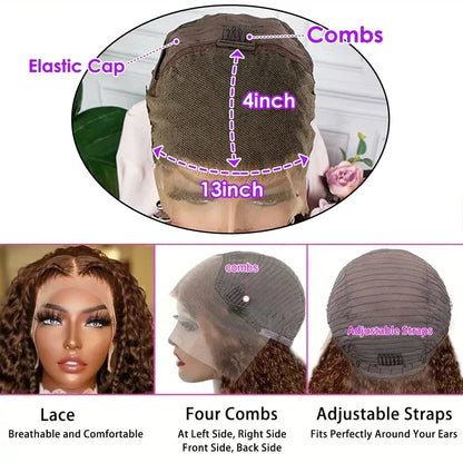 Chocolate Brown 200% Density Deep Curly 13x4 Lace Frontal Bob Wig Water Wavy Human Hair Wigs Pre Plucked Virgin Wet And Hair #4