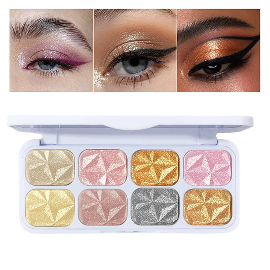 8 Colors Metal Highlighter Palette Shimmer Iridescent Glitter Eye Shadow Throughout Wear Set Spring Summer Vibrant Glow,Natural