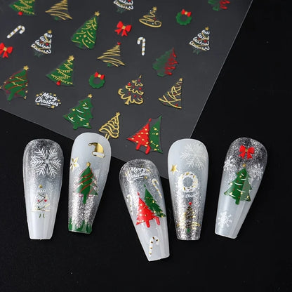 3pcs Christmas Nail Art Stickers - With Green Trees、Red Bow、Golden Decoration - Glossy Surface, Suitable for Holiday Nail Groomi