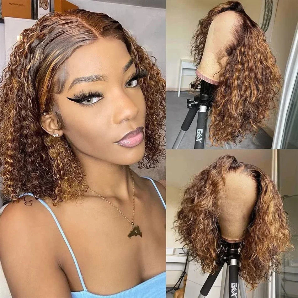 Deep Wave Highlight 13x4 HD Lace Front Bob Wigs Water Wave Human Hair Lace Frontal Wig 10-16 Inch 4/27 Color Preplucked Hair Bob