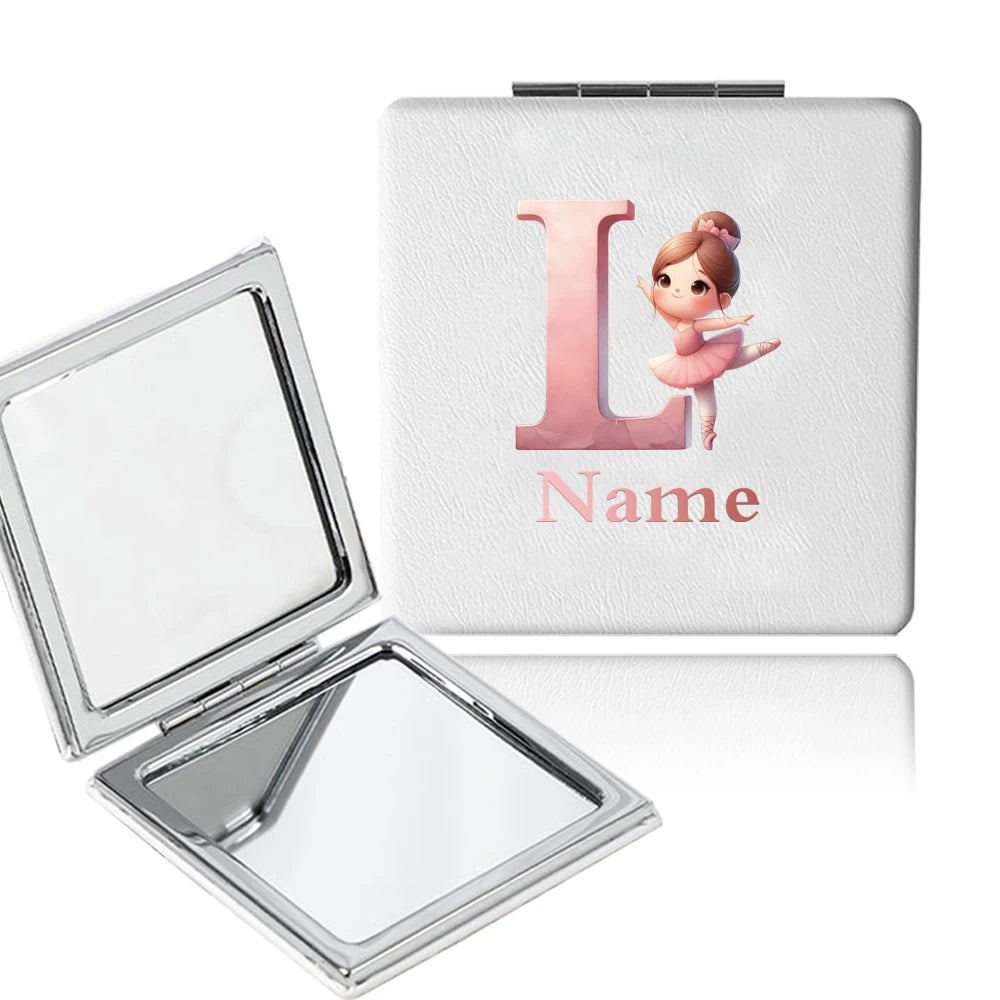 Customized Name PU Handheld Makeup Mirror Cover Dressing Double-Sided Portable Foldable Pocket Cosmetic Mirror