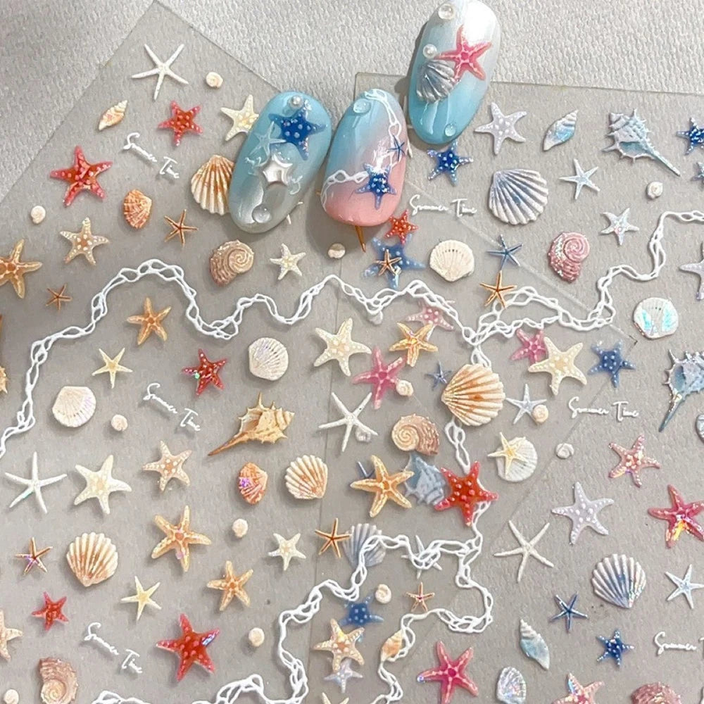 1pc Shell Light Starfish Shell Nail Stickers Cute Starfish Decorative Stickers For Nails DIY 3D Self Adhesive Summer Nail Decals